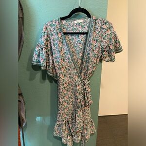 Green and Pink Floral Wrap Dress